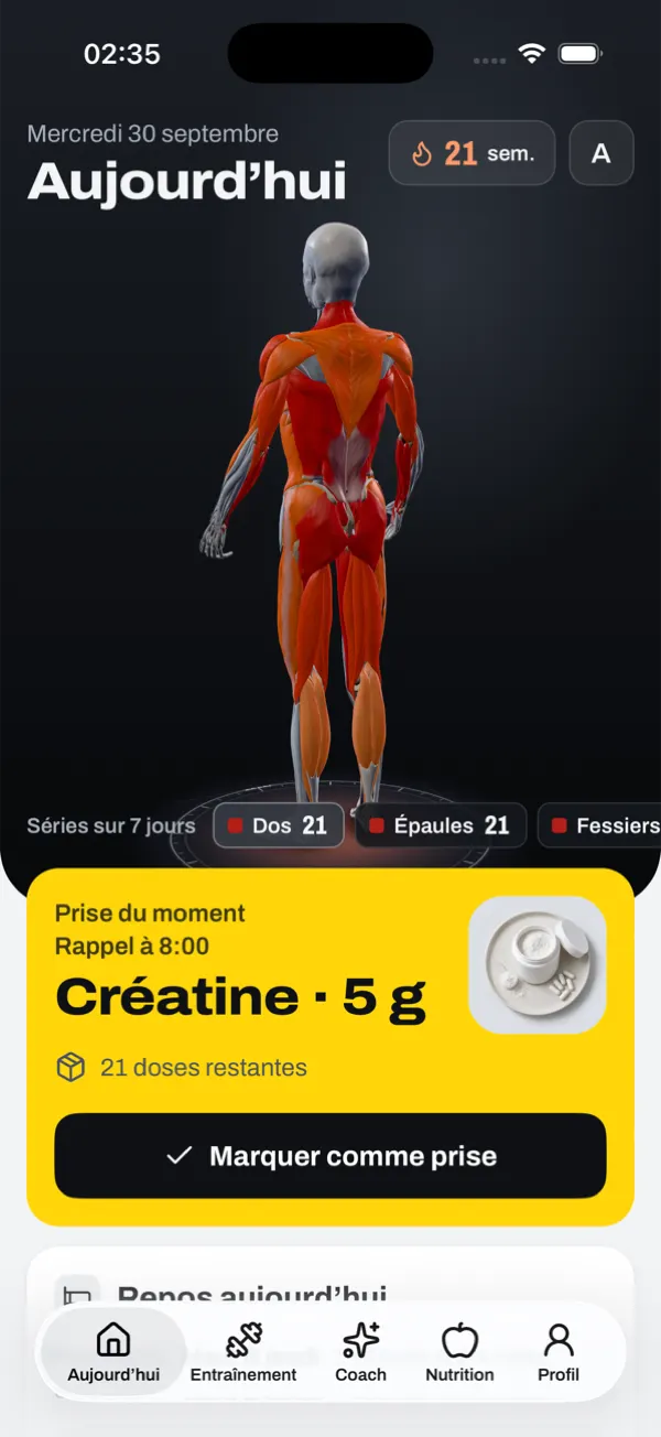 Écran Aujourd’hui de Lesto : un corps en 3D vu de dos, muscles du dos, des épaules et des fessiers colorés selon les séries de la semaine, et la prochaine action, « Créatine, 5 g, marquer comme prise ».